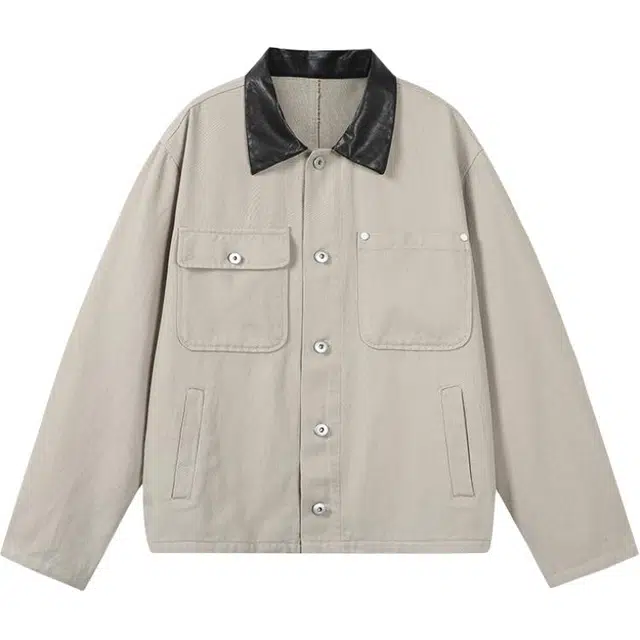 佐菲利 美式复古做旧帆布拼接皮领牛仔外套潮流百搭底特律工装夹克 男女同款