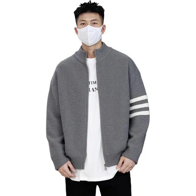 徐百货 美式复古双拉链立领开衫外套慵懒高级感轻熟风宽松三条杠上衣潮流百搭舒适卫衣 男女同款