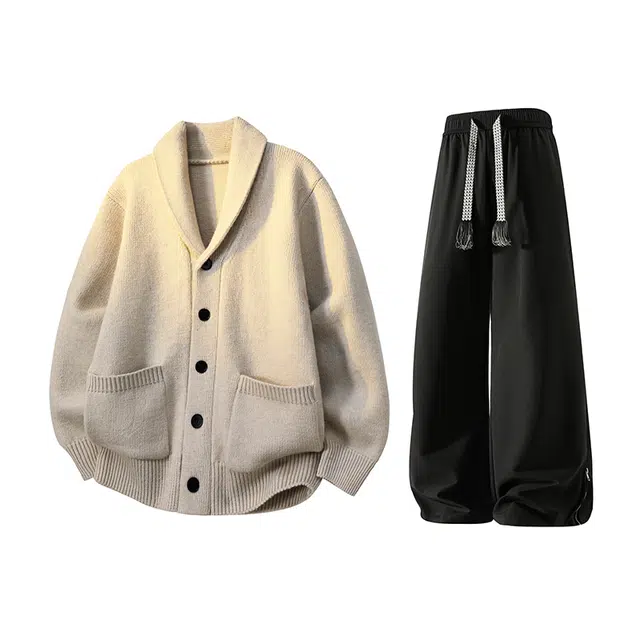 梓润格 美式复古街头学院风潮流经典重磅长袖翻领纽扣开衫毛衣百搭透气舒适垂感系带直筒阔腿裤显高显瘦休闲运动套装 男女同款