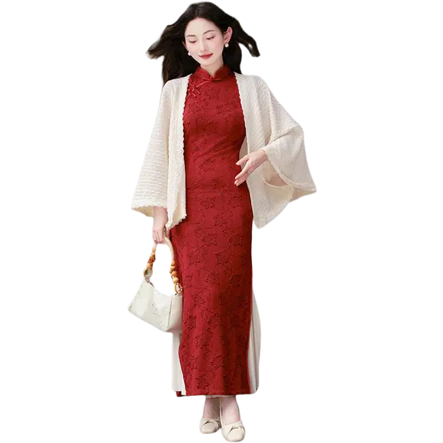 敲模女孩 新中式国风复古馆暗花纹年会结婚旗袍气质修身长袖连衣裙搭披肩叠穿内搭半身裙裙装套装 女款