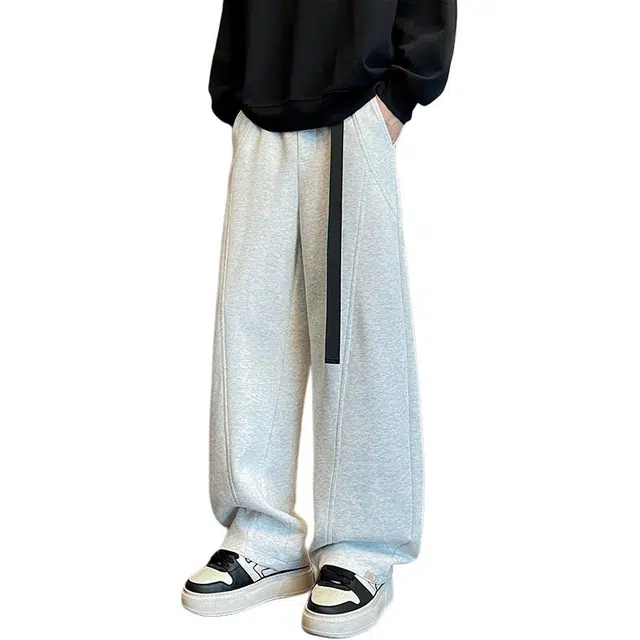 北欧攻略 秋冬重磅弯刀卫裤美式高街慵懒风基础款直筒运动裤松紧系带垂感宽松时尚百搭休闲裤 男女同款