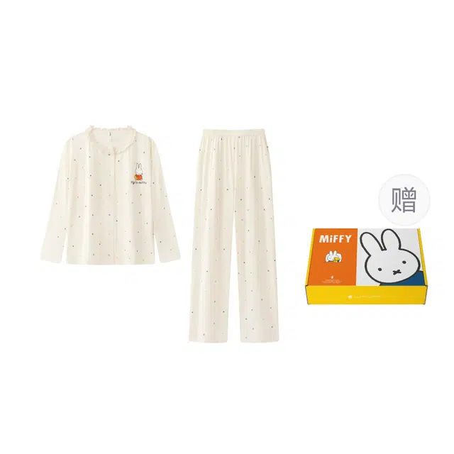 宫蝶 米菲长袖纯棉甜美风卡通家居服休闲可外穿宽松开衫睡衣套装 女款 礼盒装