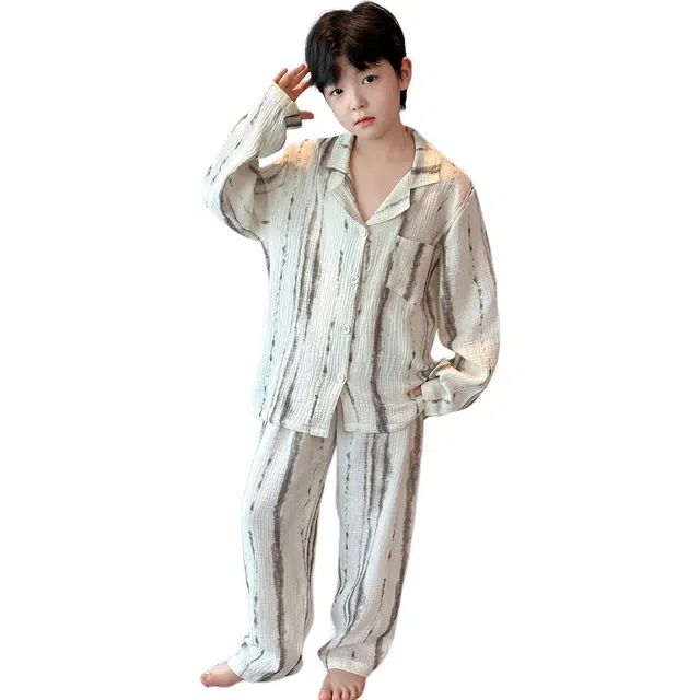 帕兰朵家居服套装 潮流时尚百搭宽松舒适柔软亲肤双层纱水墨条纹两件套青少年