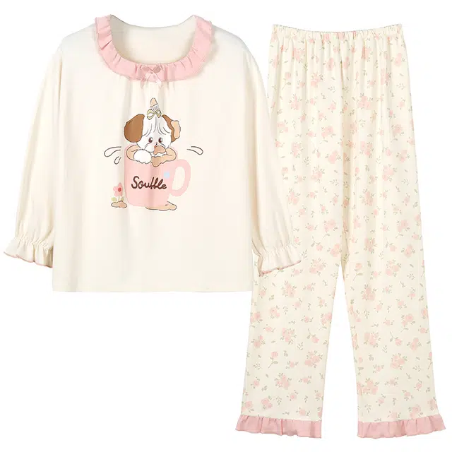 俏霓桐 可爱卡通纯棉亲肤甜美蝴蝶结清新碎花简约圆领长袖长裤家居服可外穿睡衣套装 女款