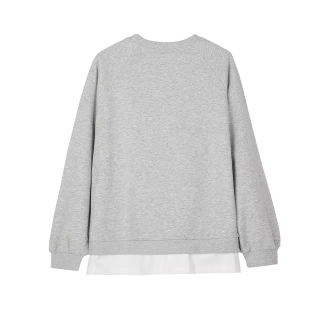 米子旗 灰色假两件拉链开叉拼色插肩袖长袖通勤套头卫衣 女款