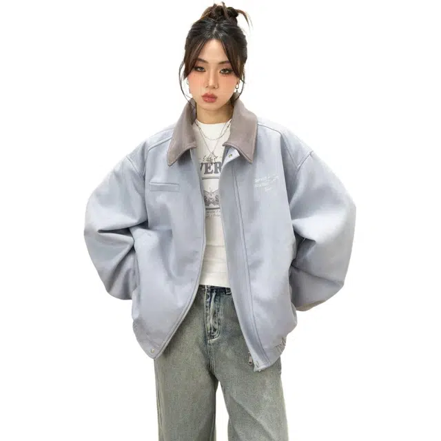 邓大喵 美式复古刺绣撞色麂皮绒外套女春秋宽松韩系穿搭夹克潮棒球服 女款