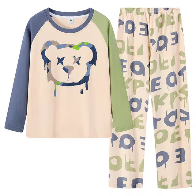 俏霓桐 可爱卡通纯棉亲肤简约字母休闲百搭舒适圆领长袖长裤家居服可外穿睡衣套装 男款