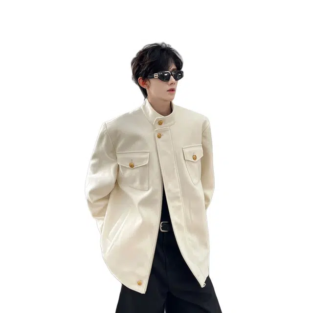 加荣 美式复古港风时尚男夹克衫春秋宽松立领毛男士款个性舒适百搭魅力男上衣痞帅轻薄基础感长袖男秋款松休闲排扣男外套 男女同款