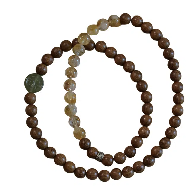 子婳 诸事顺利招财纳福有钱有势金丝檀黄水晶佛珠手链木手串麒麟事业有成复古国风精致简约百搭串珠 金丝檀木 手饰 男女同款情侣款