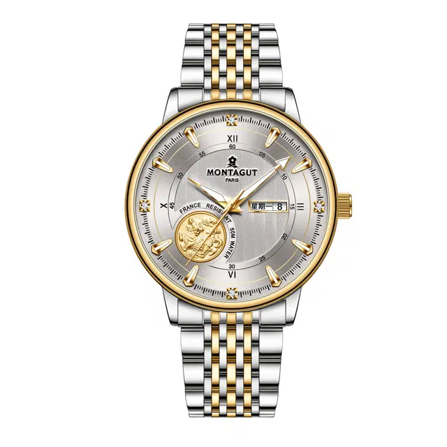 梦特娇 小众潮流时尚高颜值商务休闲百搭通勤高颜值日期显示 自动机械机芯 精钢表带 国表 男表 白色表盘 运动防水夜光