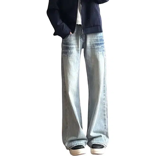 单爵 水洗蓝闪电纹直筒裤男款秋季美式高街牛仔裤 男女同款