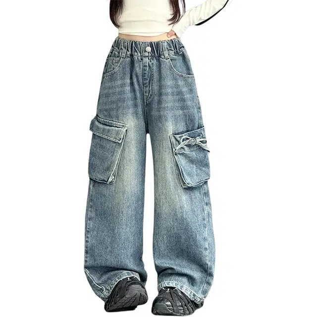 韩素伊牛仔裤 女童春秋款裤子女孩中大儿童洋气休闲直筒阔腿运动长裤秋季潮 青少年