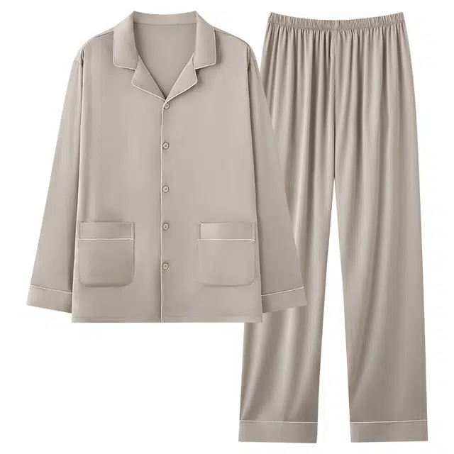 俏佳人 丝滑冰丝高级感开衫翻领纯色简约休闲亲肤舒适透气长袖长裤家居服睡衣套装 男款