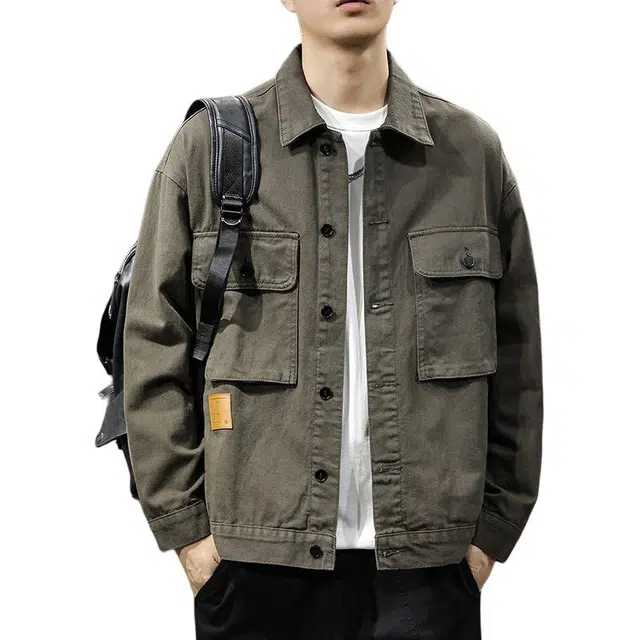 前进牛 秋季阿美咔叽复古潮牌军事风痞帅重磅休闲外穿上衣男潮流百搭宽松多口袋硬汉翻领夹克男牛仔外套 男款
