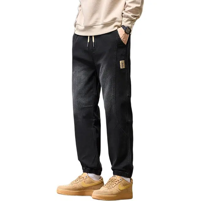 协协乐 美式潮牌男士复古做旧水洗秋冬季哈伦宽松束脚九分弹力松紧腰青少年休闲长裤牛仔裤 男款