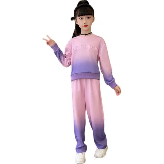 蓝彩何休闲运动套装 女童渐变装夏季时髦洋气儿童春秋款女孩卫衣长裤两件套