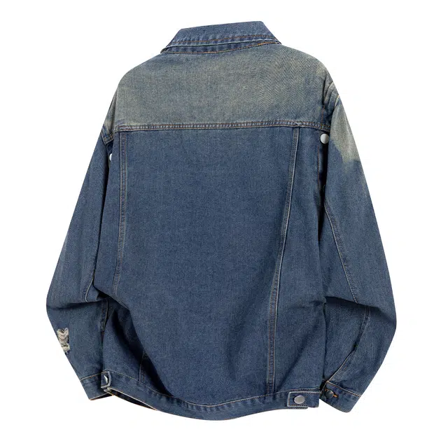 普鲁士多特蒙德 美式高街痞帅破洞毛边设计感可拆卸别针高级感水洗做旧工装风宽松休闲落肩长袖牛仔外套 男女同款