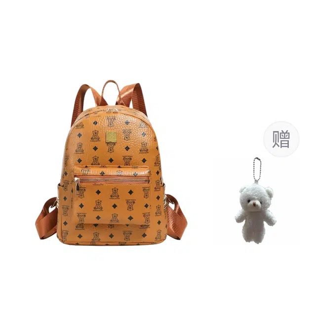 捷朗仕 通勤简约满印小熊老花小众设计百搭休闲大学生高中生上课大容量包 尼龙布 双肩包 常规 男女同款情侣款 棕色/粉色/白色/黑色