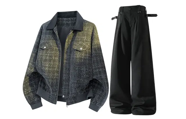 梓润格 美式复古巴恩风千鸟格夹克外套秋季港风设计感西裤男宽松大码直筒裤休闲运动套装 男女同款