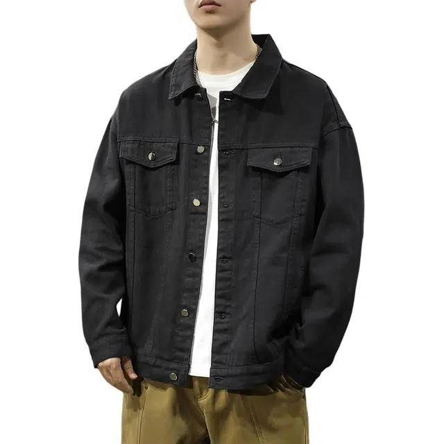 前进牛 美式休闲复古潮牌通勤风夹克长袖宽松休闲翻领工装外痞帅衬衣男牛仔外套 男款