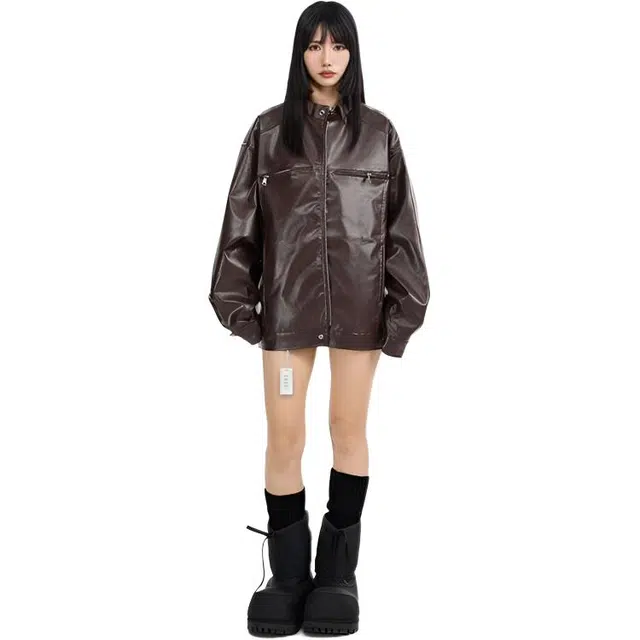丝絮丝绸 秋冬季宽松机痞帅气高级感外套皮衣 女款