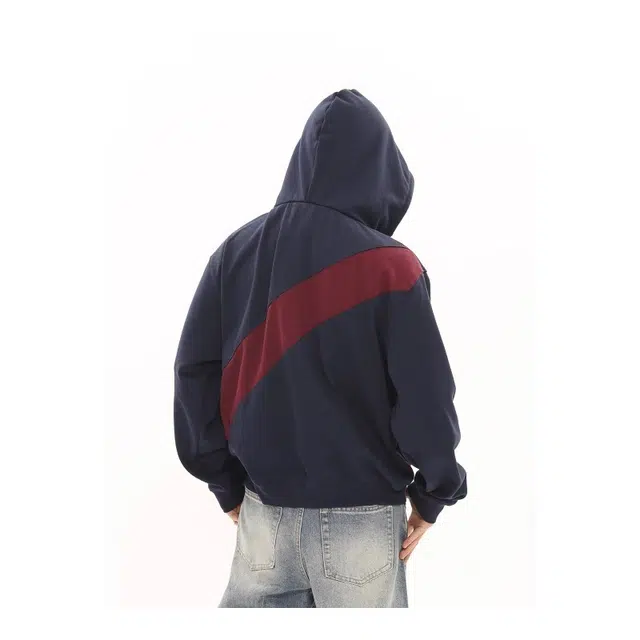 艾梵斯贝 美式复古潮流连帽秋冬潮牌设计拼接宽松休闲时尚高级感无性别日常通勤百搭学院风情侣开衫卫衣 男女同款