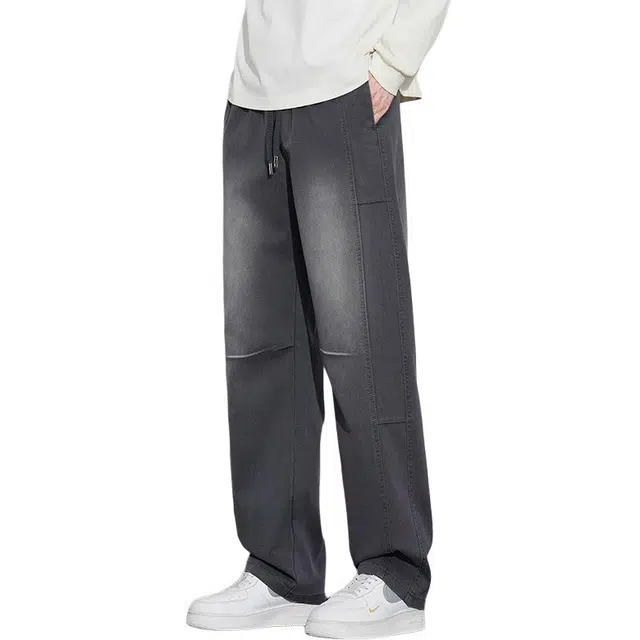 协协乐 美式高街拼接设计感机能风春秋季复古做旧水洗宽松直筒阔腿拖地裤百搭青少年抽绳痞帅休闲长裤牛仔裤 男款