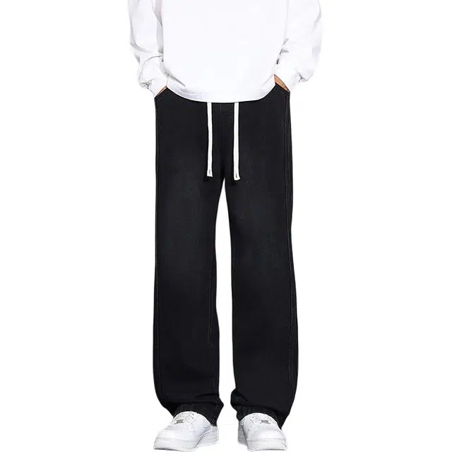 么宁 美式高街宽松直筒裤简约百搭抽绳松紧腰长裤耐穿耐磨舒适透气个性时尚牛仔裤 男女同款