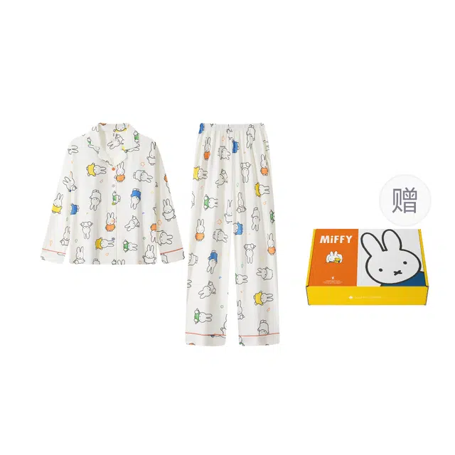 宫蝶 米菲纯棉长袖舒适家居服卡通满印休闲可外穿宽松开衫睡衣套装 女款 礼盒装