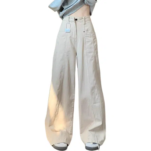 邓大喵 高个子工装女春季高腰显瘦设计感直筒宽松阔腿裤子牛仔裤 女款