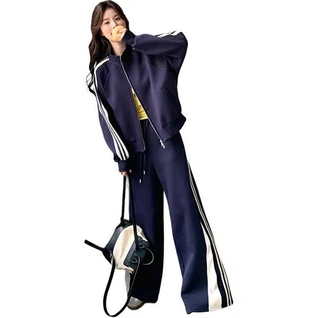 稻草人 学院风时尚舒适百搭微喇阔腿裤运动休闲秋冬两件套装 女款