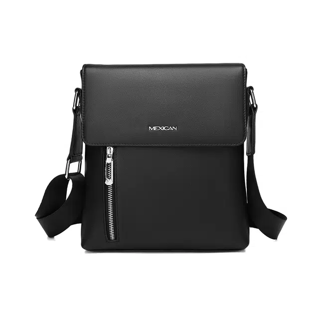 稻草人 时尚潮流轻便真皮多隔层上班通勤百搭 牛皮 单肩斜挎包 男款 黑色