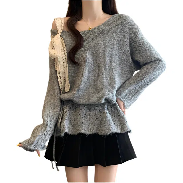 荟萃阁 镂空露肩蝴蝶结蕾丝系带甜美减龄套头针织衫 女款