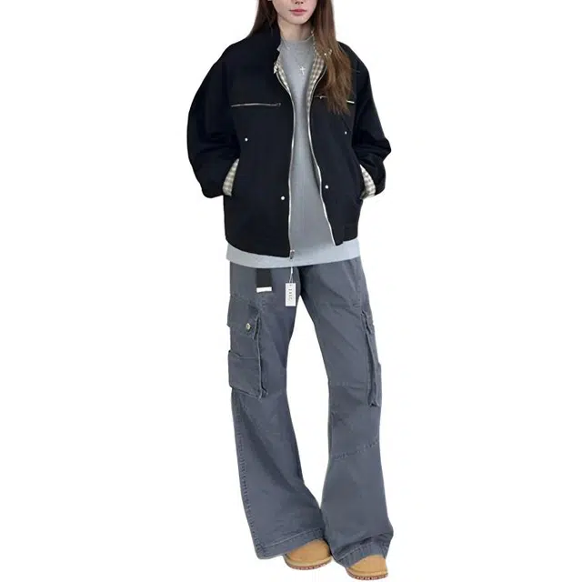 丝絮丝绸 秋冬季宽松拉链百搭格子帆布休闲立领外套夹克 女款