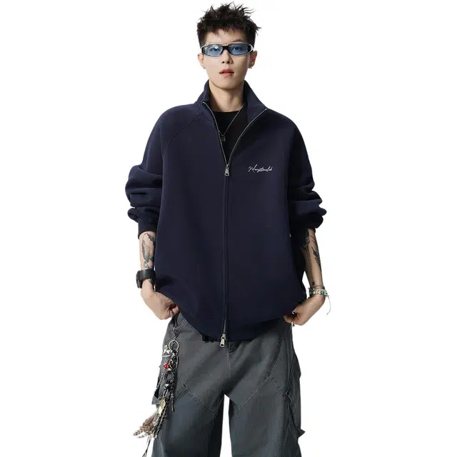 冈哉 美式设计感春秋款宽松纯色立领开衫基础款简约上衣松弛慵懒感个性学院风青春流行减龄日常通勤长袖卫衣  男女同款