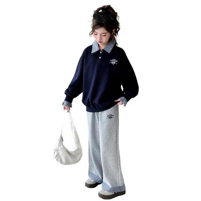 蓝彩何休闲运动套装 女童秋装纯棉儿童装简约秋季中大童女孩翻领卫衣裤潮