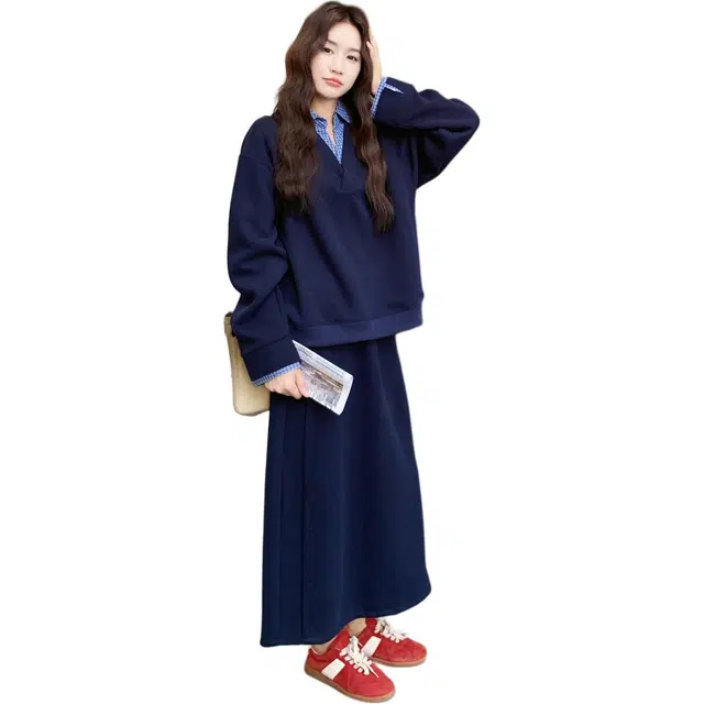 稻草人 学院风假两件设计拼接格纹卫衣半身裙两件套穿搭裙装套装 女款