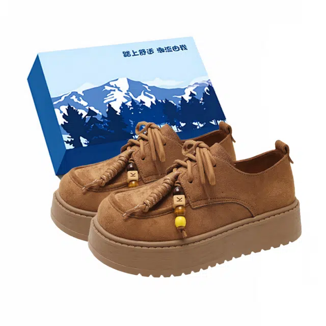 小鹿米利 复古厚底袋鼠鞋单鞋休闲懒人系带 橡胶勃肯鞋 女