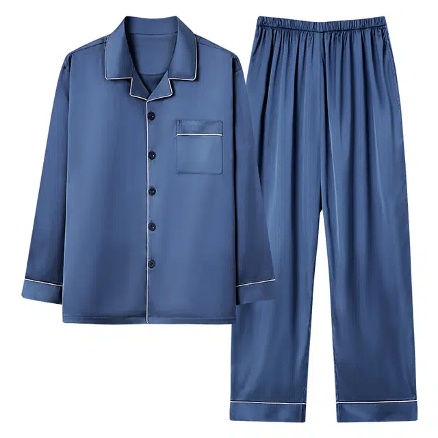 俏佳人 丝滑冰丝高级感开衫翻领简约休闲纯色家居服亲肤透气舒适长袖长裤睡衣套装 男款