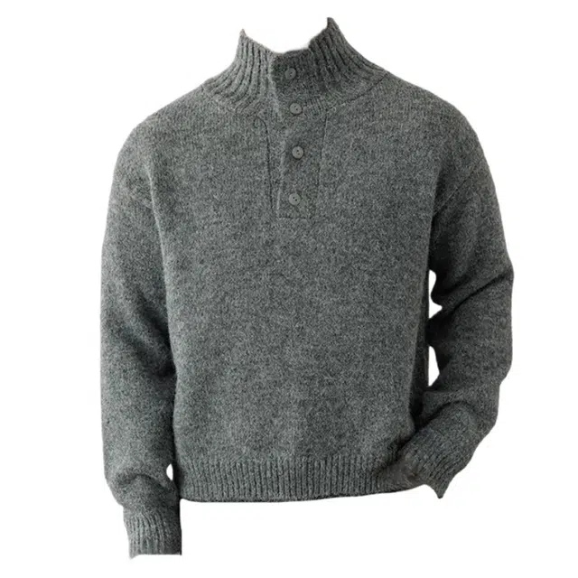 半空山 纯色简约重磅绵羊毛老钱保暖舒适亲肤透气弹力百搭宽松亨利领针织衫 男女同款