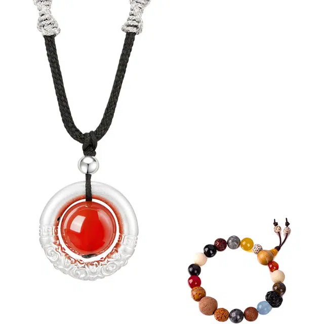 中国黄金 央创时尚 相思红豆平安扣锁骨链吊坠 新中式 小众设计感 古风 恋爱告白闺蜜女生桃花 礼盒 黑曜石 项链 男女同款情侣款