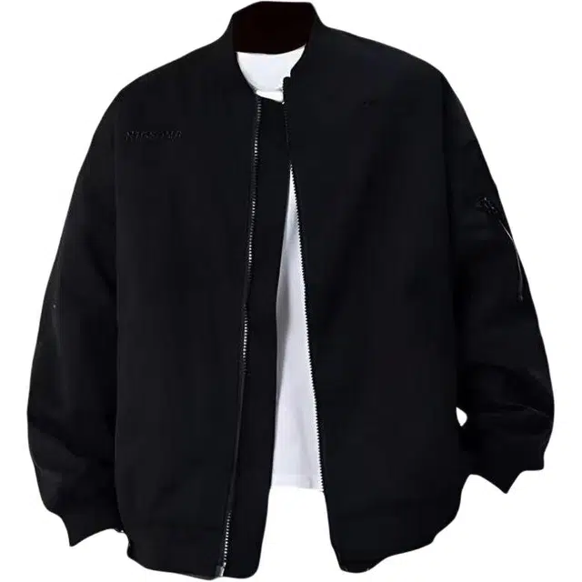 爱肯  美式高街简约纯色背面字母万针刺绣工艺设计高级感侧边拼接口袋工装外套休闲宽松运动百搭痞帅飞行员教练棒球服 夹克 男女同款