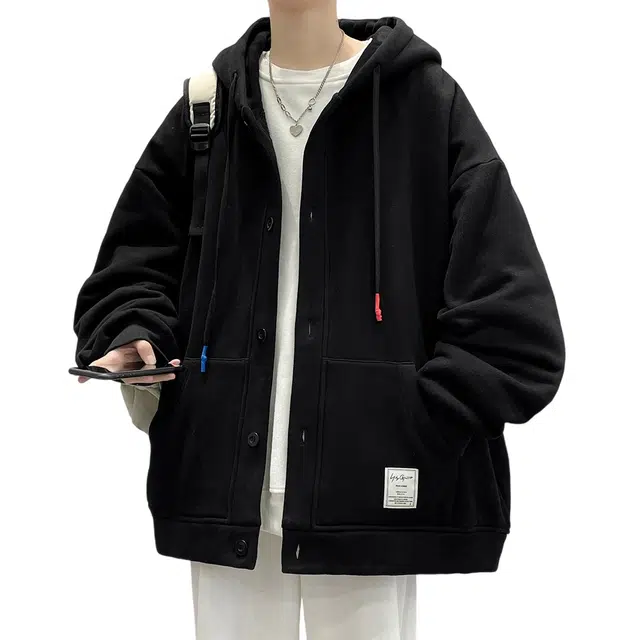 顶峰保罗 美式纯色潮牌宽松大码重磅开衫连帽无性别主义直筒痞帅简约百搭长袖卫衣 男女同款