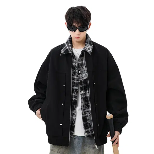 顶峰保罗 美式假两件格纹拼接翻领外套无性别主义直筒潮牌痞帅通勤骑行休闲上衣显高显瘦简约百搭宽松加肥加大长袖工装夹克 男女同款