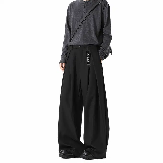 艾梵斯贝 美式复古潮流简约设计款褶皱垂感无性别高级感日常通勤百搭宽松时尚商务老钱风拖地西裤休闲裤 男女同款