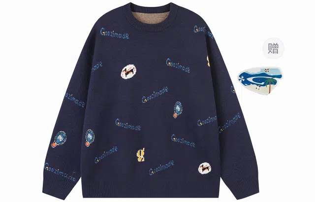 港仔文艺男 美式潮流学院风满印设计感撞色字母小狗印花工艺圆领落肩上衣休闲百搭宽松针织衫 男女同款