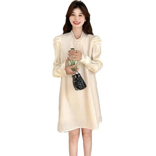 袋鼠 时尚显瘦气质名媛泡泡袖娃娃裙长袖连衣裙 女款