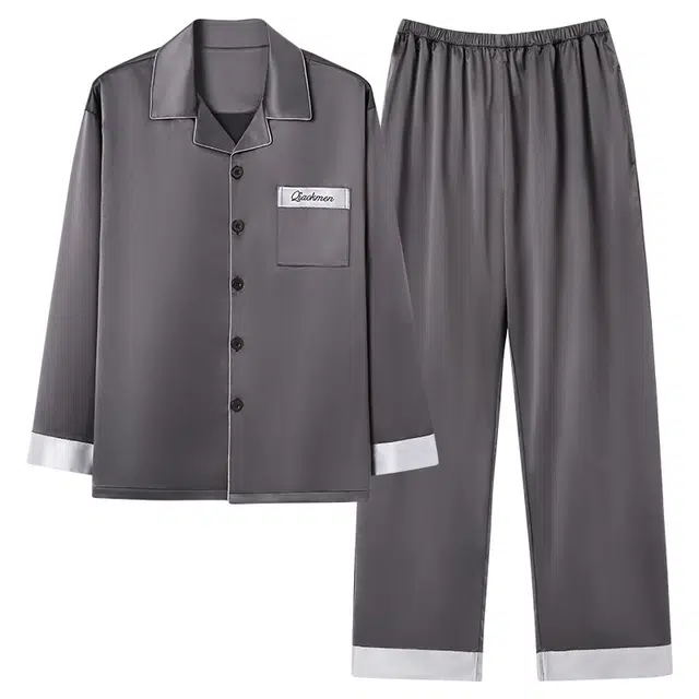 俏佳人 丝滑冰丝高级感开衫翻领简约纯色休闲亲肤舒适透气家居服长袖长裤睡衣套装 男款