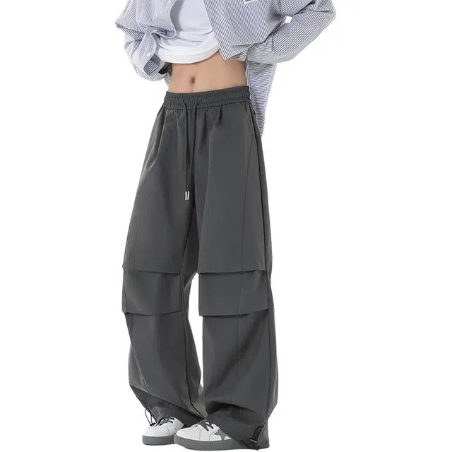 左岸 美式褶皱直筒伞兵裤子男春秋季阔腿青少年宽松垂感休闲裤 男款