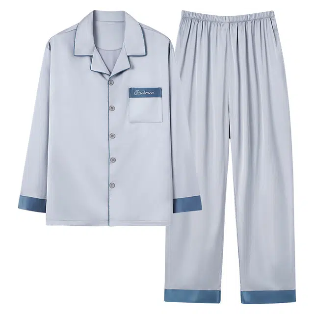 俏佳人 丝滑冰丝高级感开衫翻领纯色简约休闲亲肤舒适透气家居服长袖长裤睡衣套装 男款